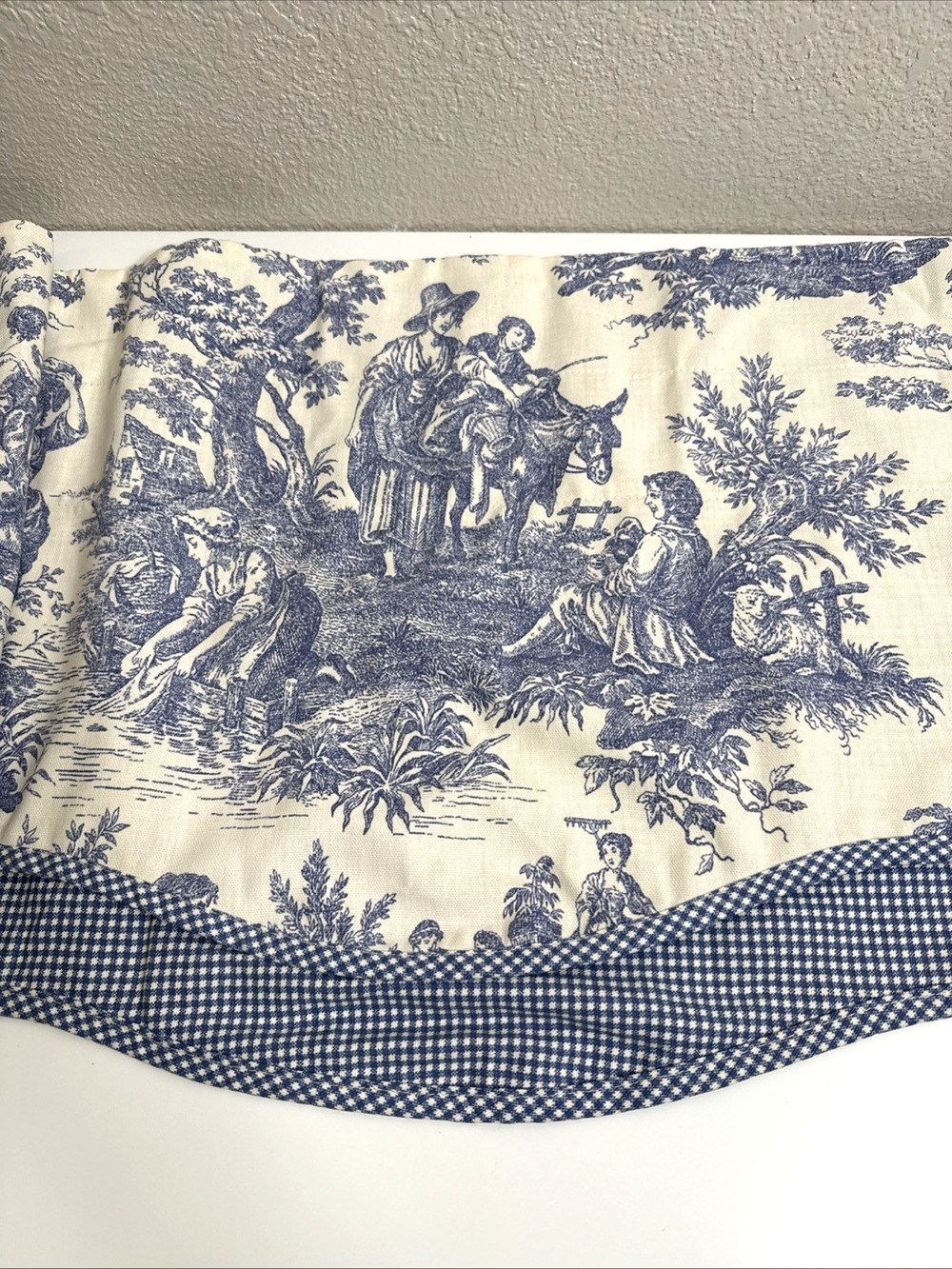 WAVERLY Valance Curtain Panel Blue Cream Toile 18"x77" Scalloped Country Life